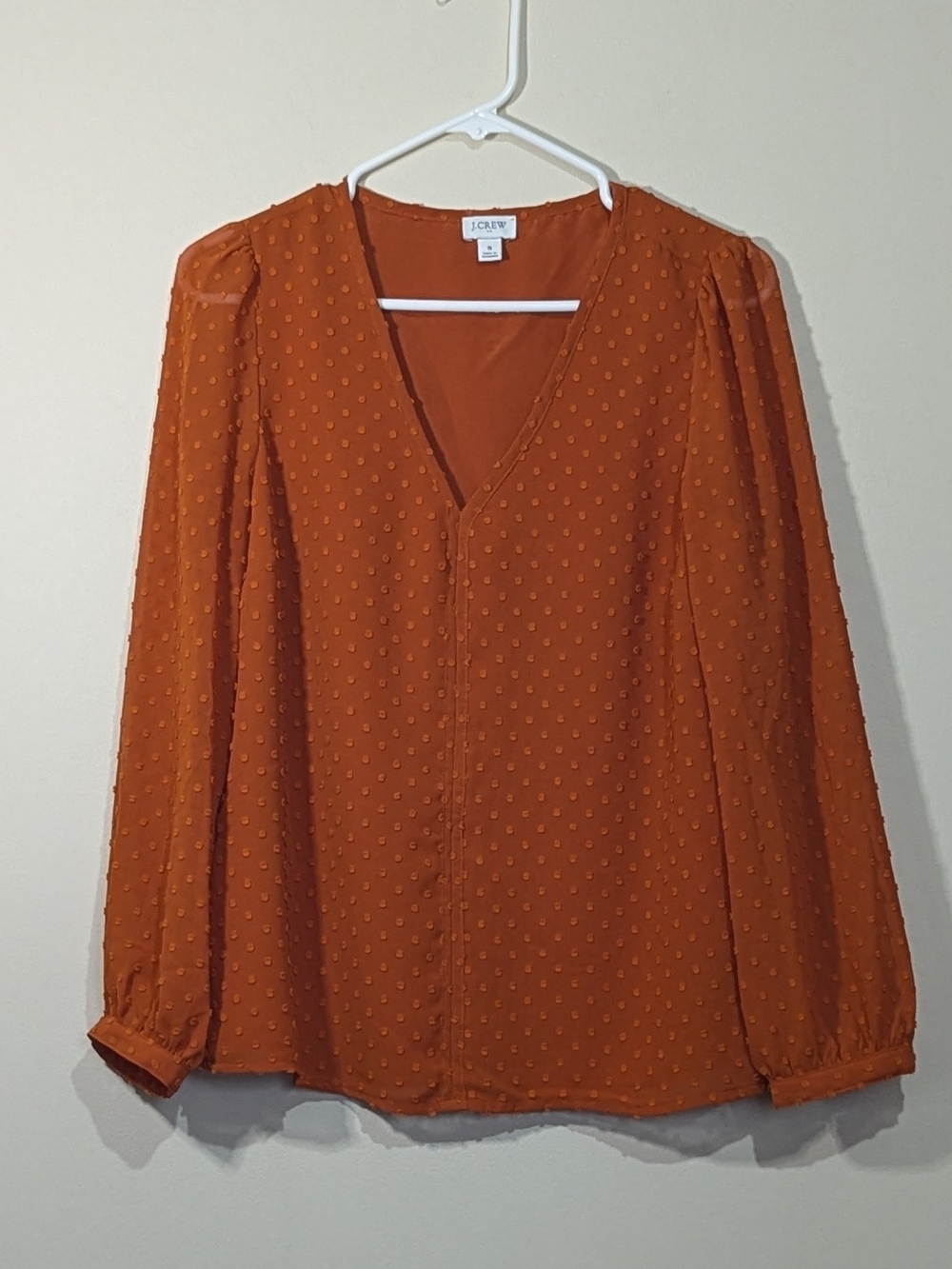 J.Crew Swiss Dot Blouse Small Rust Orange V Neck Long Sleeve Lightweight Top